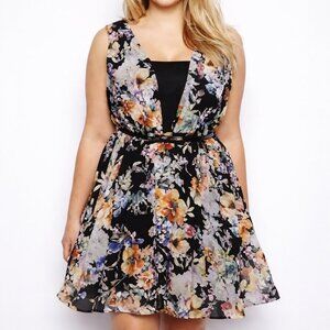 Little Mistress Black Floral Tulle Hem Skater Dress  Size 20